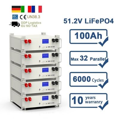 10 ans de garantie 51.2V 5Kwh batterie rechargeable à ions de lithium 100Ah LiFePO4